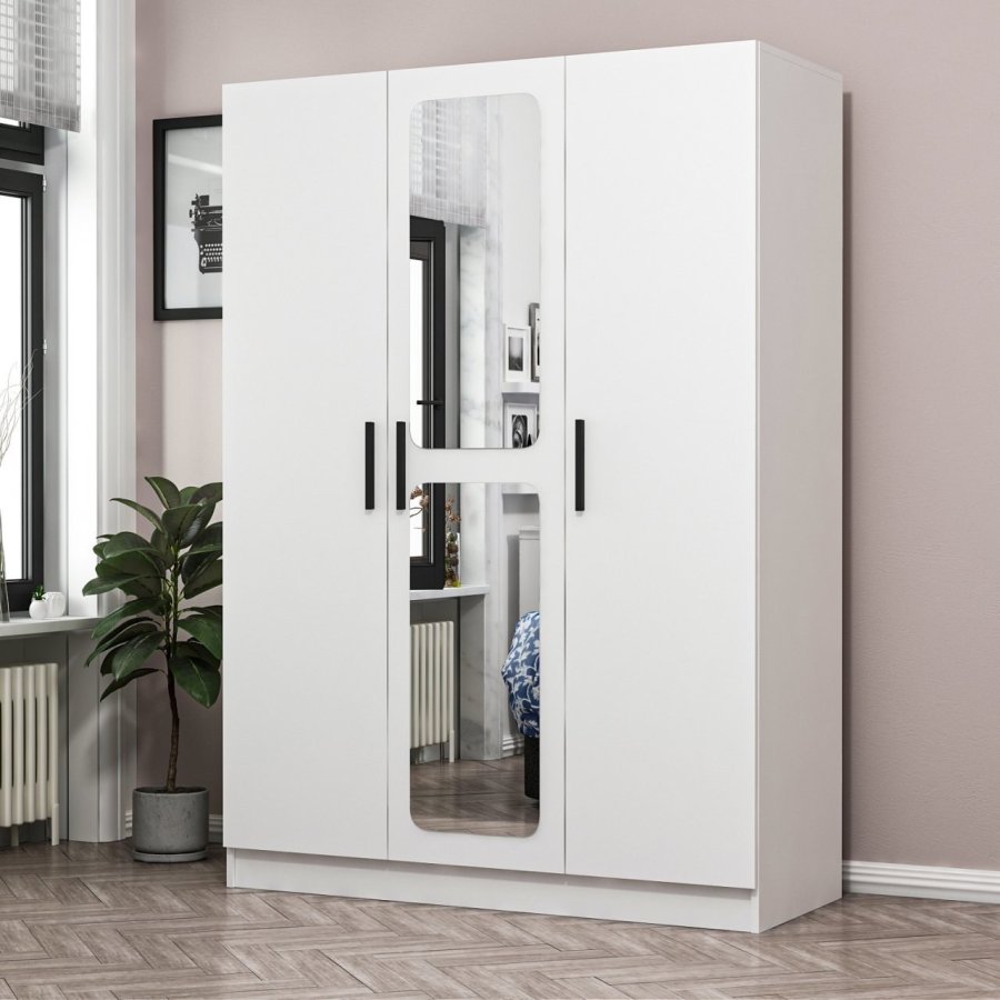 FUNZI LIVING 2252 garderobeskab, m. spejl, 3 lger, 1 bjlestang, 2 skuffer, 4 hylder - hvid melamin