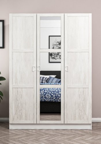 FUNZI LIVING 2255 garderobeskab, spejl, 3 lger, 1 bjlestang, 2 skuffer, 4 hylder - antik hvid/hvid