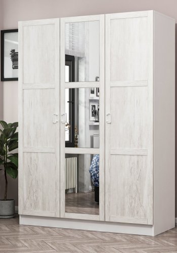 FUNZI LIVING 2255 garderobeskab, spejl, 3 lger, 1 bjlestang, 2 skuffer, 4 hylder - antik hvid/hvid