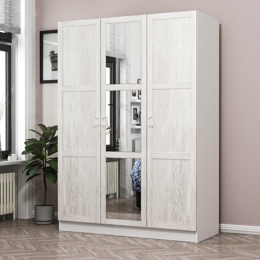 FUNZI LIVING 2255 garderobeskab, spejl, 3 lger, 1 bjlestang, 2 skuffer, 4 hylder - antik hvid/hvid