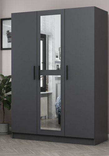 FUNZI LIVING 2259 garderobeskab, m. spejl, 3 lger, 1 bjlestang, 2 skuffer, 4 hylder - antracitgr