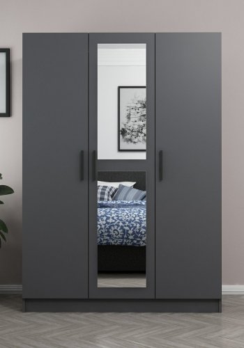 FUNZI LIVING 2259 garderobeskab, m. spejl, 3 lger, 1 bjlestang, 2 skuffer, 4 hylder - antracitgr