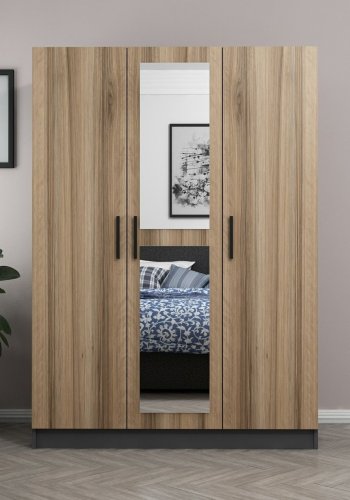 FUNZI LIVING 2261 garderobeskab, spejl, 3 lger, bjlestang, 2 skuffer, hylder - antracit/egefarvet