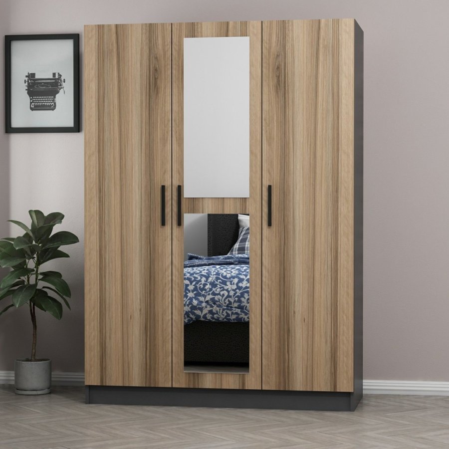 FUNZI LIVING 2261 garderobeskab, spejl, 3 lger, bjlestang, 2 skuffer, hylder - antracit/egefarvet