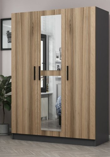 FUNZI LIVING 2262 garderobeskab, spejl, 3 lger, bjlestang, 2 skuffer, hylder - antracit/egefarvet