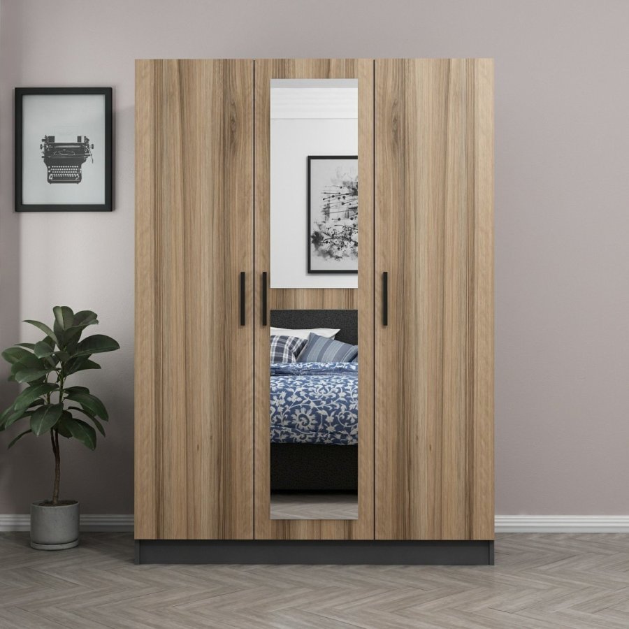 FUNZI LIVING 2262 garderobeskab, spejl, 3 lger, bjlestang, 2 skuffer, hylder - antracit/egefarvet