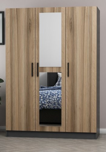 FUNZI LIVING 2262 garderobeskab, spejl, 3 lger, bjlestang, 2 skuffer, hylder - antracit/egefarvet