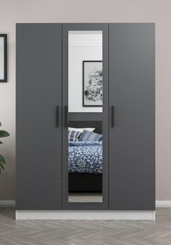 FUNZI LIVING 2263 garderobeskab, spejl, 3 lger, 1 bjlestang, 2 skuffer, hylder - antracitgr/hvid