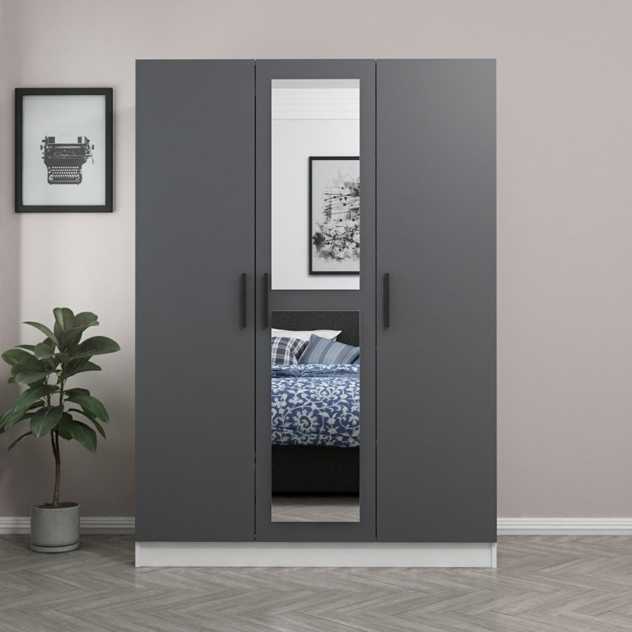 FUNZI LIVING 2263 garderobeskab, spejl, 3 lger, 1 bjlestang, 2 skuffer, hylder - antracitgr/hvid