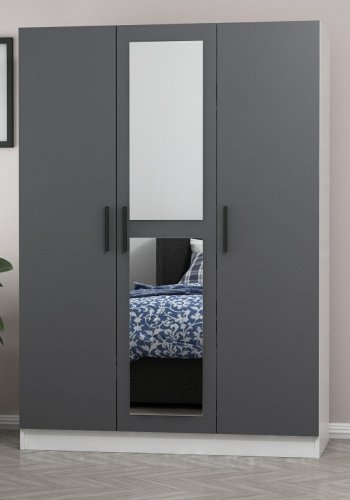 FUNZI LIVING 2263 garderobeskab, spejl, 3 lger, 1 bjlestang, 2 skuffer, hylder - antracitgr/hvid