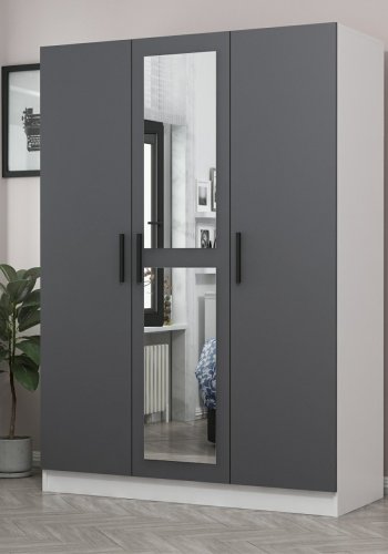 FUNZI LIVING 2264 garderobeskab, spejl, 3 lger, 1 bjlestang, 2 skuffer, hylder - antracitgr/hvid