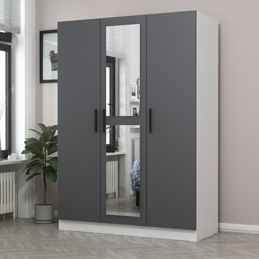 FUNZI LIVING 2264 garderobeskab, spejl, 3 lger, 1 bjlestang, 2 skuffer, hylder - antracitgr/hvid