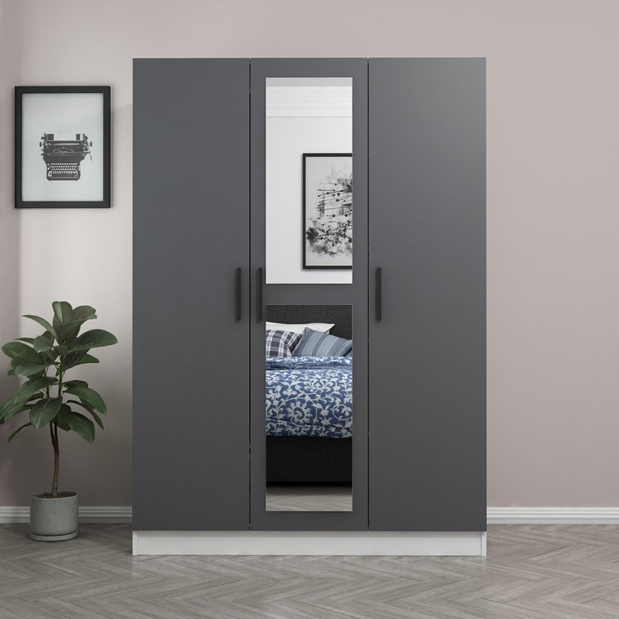 FUNZI LIVING 2264 garderobeskab, spejl, 3 lger, 1 bjlestang, 2 skuffer, hylder - antracitgr/hvid