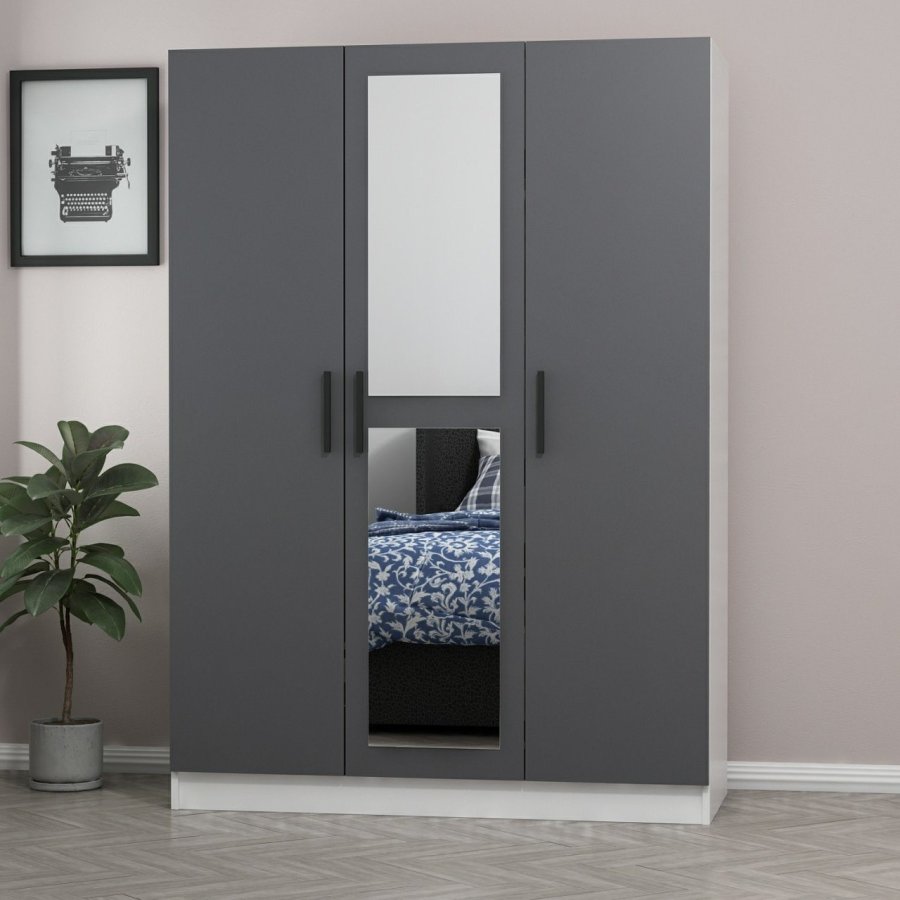 FUNZI LIVING 2264 garderobeskab, spejl, 3 lger, 1 bjlestang, 2 skuffer, hylder - antracitgr/hvid