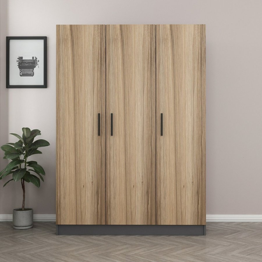 FUNZI LIVING 2267 garderobeskab, m. 3 lger, 1 bjlestang, 2 skuffer, 4 hylder - antracit/egefarvet