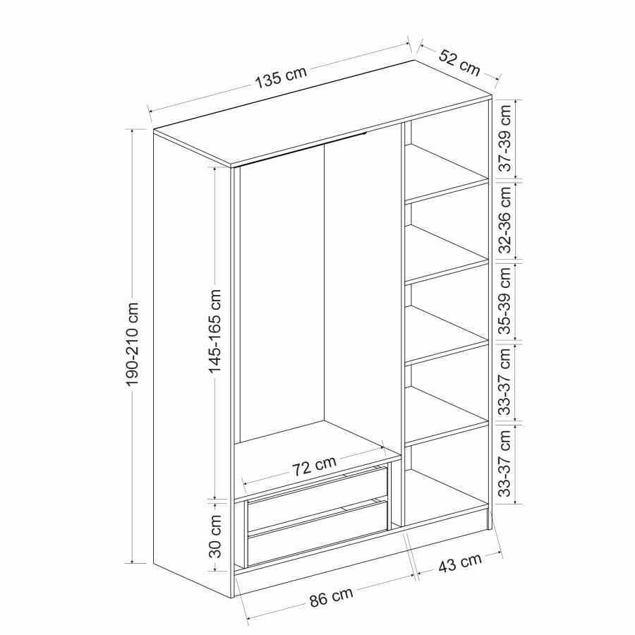 FUNZI LIVING 2267 garderobeskab, m. 3 lger, 1 bjlestang, 2 skuffer, 4 hylder - antracit/egefarvet