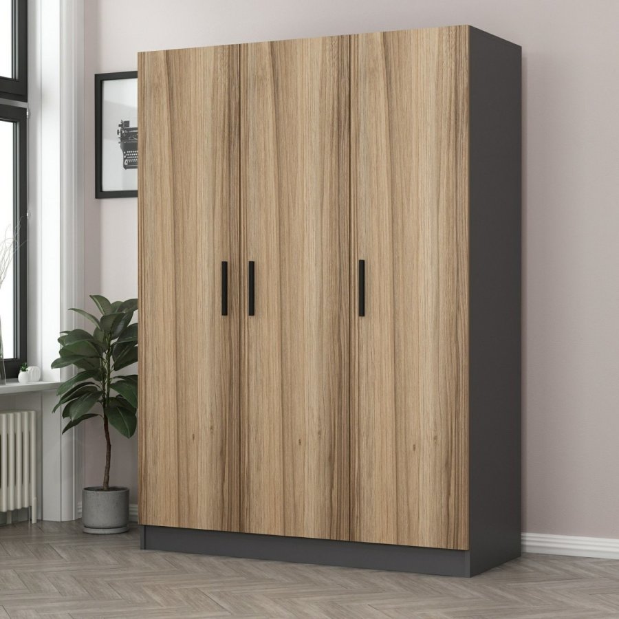 FUNZI LIVING 2268 garderobeskab, m. 3 lger, 1 bjlestang, 2 skuffer, 4 hylder - antracit/egefarvet