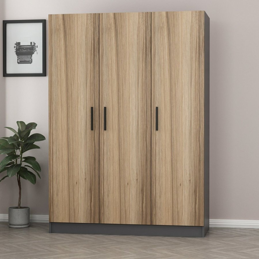 FUNZI LIVING 2268 garderobeskab, m. 3 lger, 1 bjlestang, 2 skuffer, 4 hylder - antracit/egefarvet