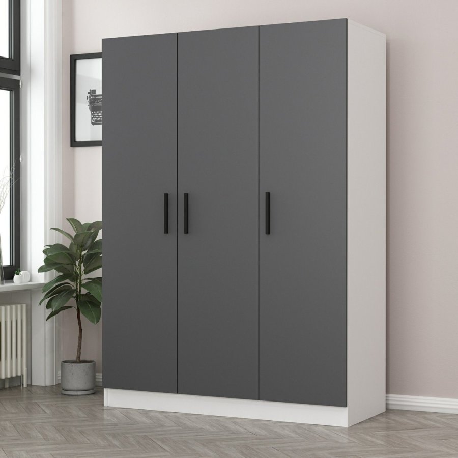 FUNZI LIVING 2269 garderobeskab, m. 3 lger, 1 bjlestang, 2 skuffer, 4 hylder - antracitgr/hvid