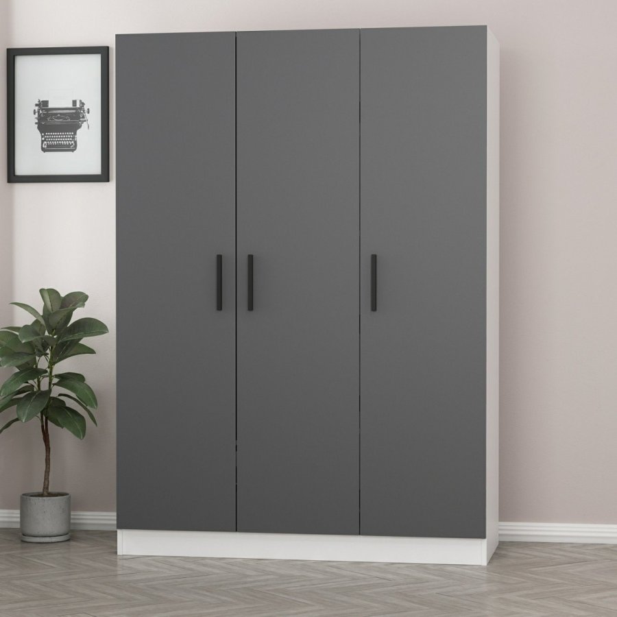 FUNZI LIVING 2269 garderobeskab, m. 3 lger, 1 bjlestang, 2 skuffer, 4 hylder - antracitgr/hvid