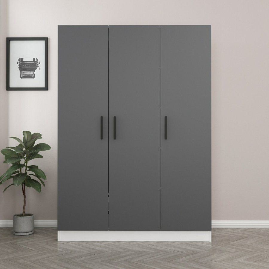 FUNZI LIVING 2270 garderobeskab, m. 3 lger, 1 bjlestang, 2 skuffer, 4 hylder - antracitgr/hvid