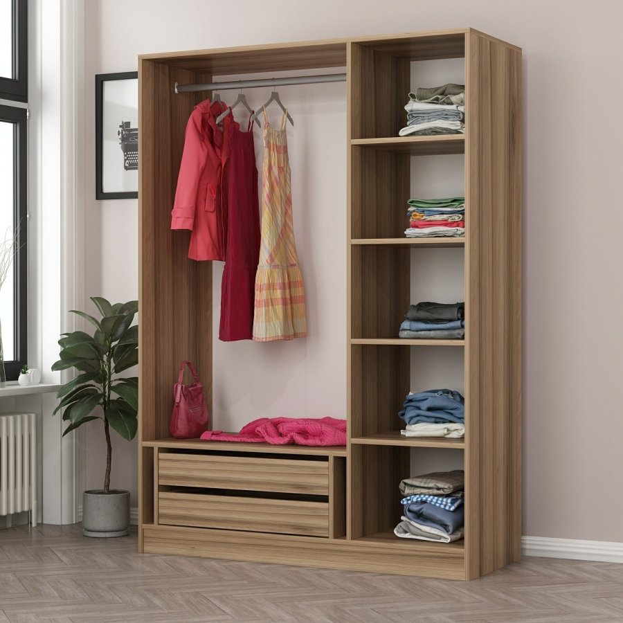 FUNZI LIVING 2281 garderobeskab, m. 3 lger, 1 bjlestang, 2 skuffer, 4 hylder - egefarvet melamin