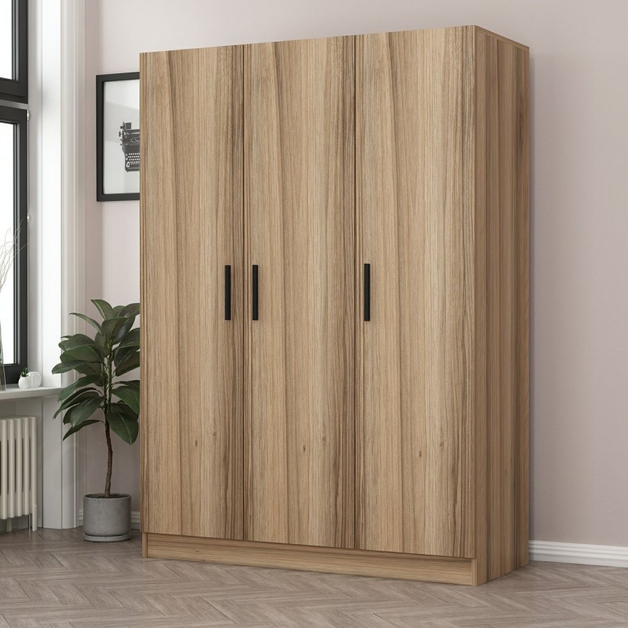 FUNZI LIVING 2282 garderobeskab, m. 3 lger, 1 bjlestang, 2 skuffer, 4 hylder - egefarvet melamin