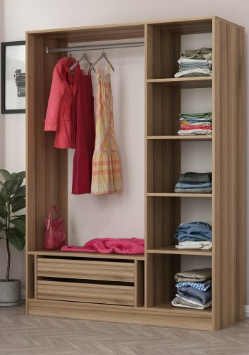 FUNZI LIVING 2282 garderobeskab, m. 3 lger, 1 bjlestang, 2 skuffer, 4 hylder - egefarvet melamin