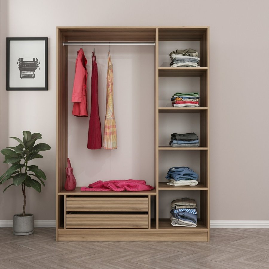 FUNZI LIVING 2289 garderobeskab, m. 3 lger, 1 bjlestang, 2 skuffer, 4 hylder - egefarvet melamin