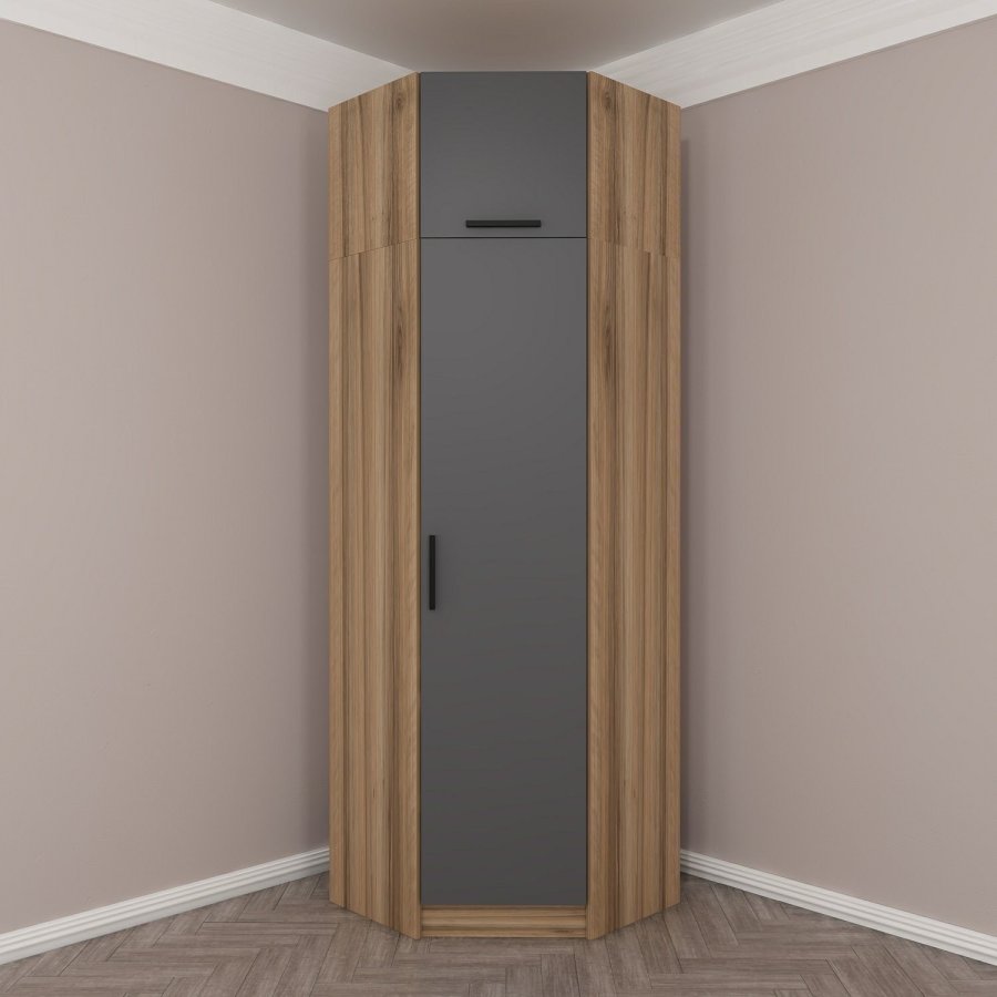 FUNZI LIVING 2304 hjrnegarderobeskab, m. 2 lger, 2 bjlestnger, 2 hylder - antracitgr/egefarvet