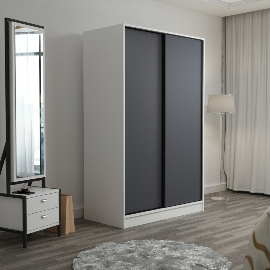 FUNZI LIVING 2308 garderobeskab, m. 2 skydelger, 1 bjlestang, 5 hylder - hvid og antracitgr