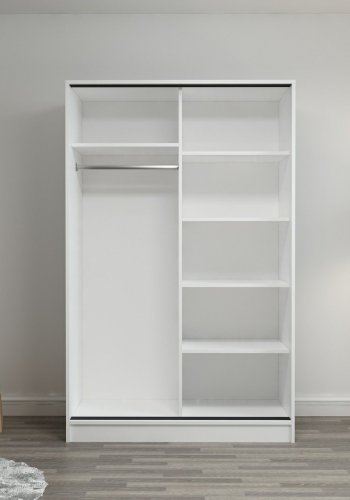 FUNZI LIVING 2310 garderobeskab, m. 2 skydelger, 1 bjlestang, 5 hylder - hvid og egefarvet melamin