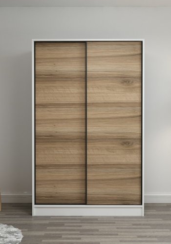 FUNZI LIVING 2311 garderobeskab, m. 2 skydelger, 1 bjlestang, 5 hylder - hvid og egefarvet melamin