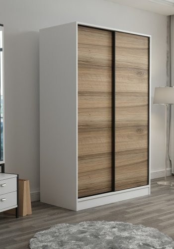 FUNZI LIVING 2311 garderobeskab, m. 2 skydelger, 1 bjlestang, 5 hylder - hvid og egefarvet melamin