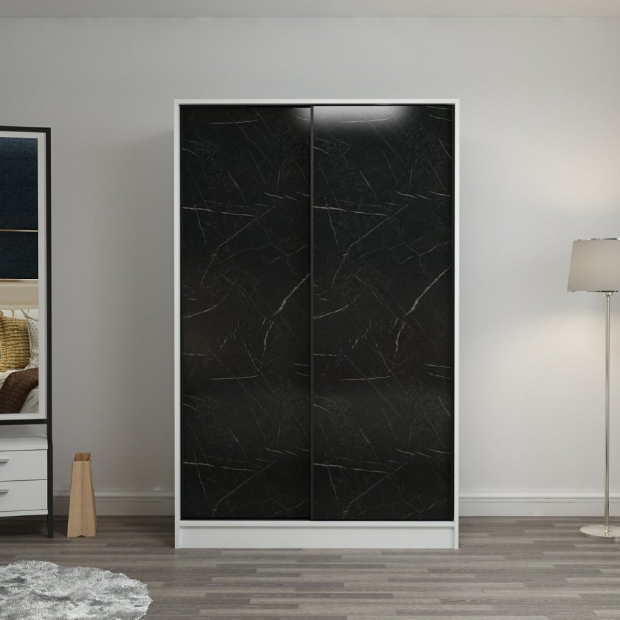 FUNZI LIVING 2313 garderobeskab, m. 2 skydelger, 1 bjlestang, 5 hylder - sten og hvid