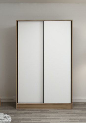 FUNZI LIVING 2315 garderobeskab, m. 2 skydelger, 1 bjlestang, 5 hylder - hvid og egefarvet