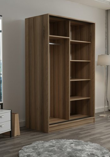 FUNZI LIVING 2315 garderobeskab, m. 2 skydelger, 1 bjlestang, 5 hylder - hvid og egefarvet