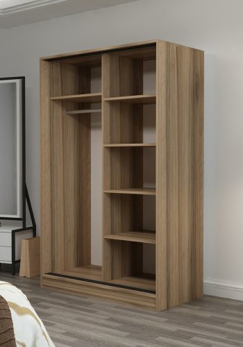 FUNZI LIVING Kales 2321 garderobeskab, m. 2 skydelger, 1 bjlestang, 5 hylder - sten og egefarvet