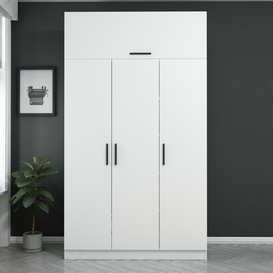 FUNZI LIVING garderobeskab 235, m. 4 lger, 1 bjlestang, 2 skuffer, 5 hylder - hvid melamin