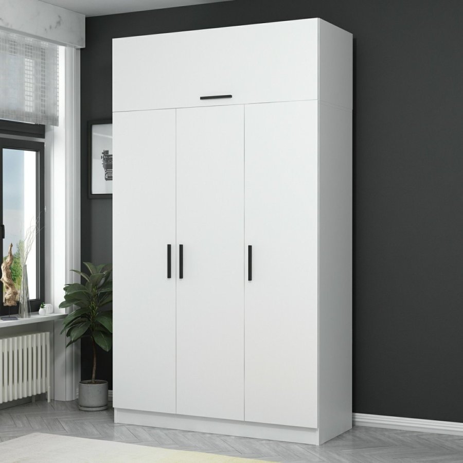 FUNZI LIVING garderobeskab 255, m. 4 lger, 1 bjlestang, 2 skuffer, 5 hylder - hvid melamin