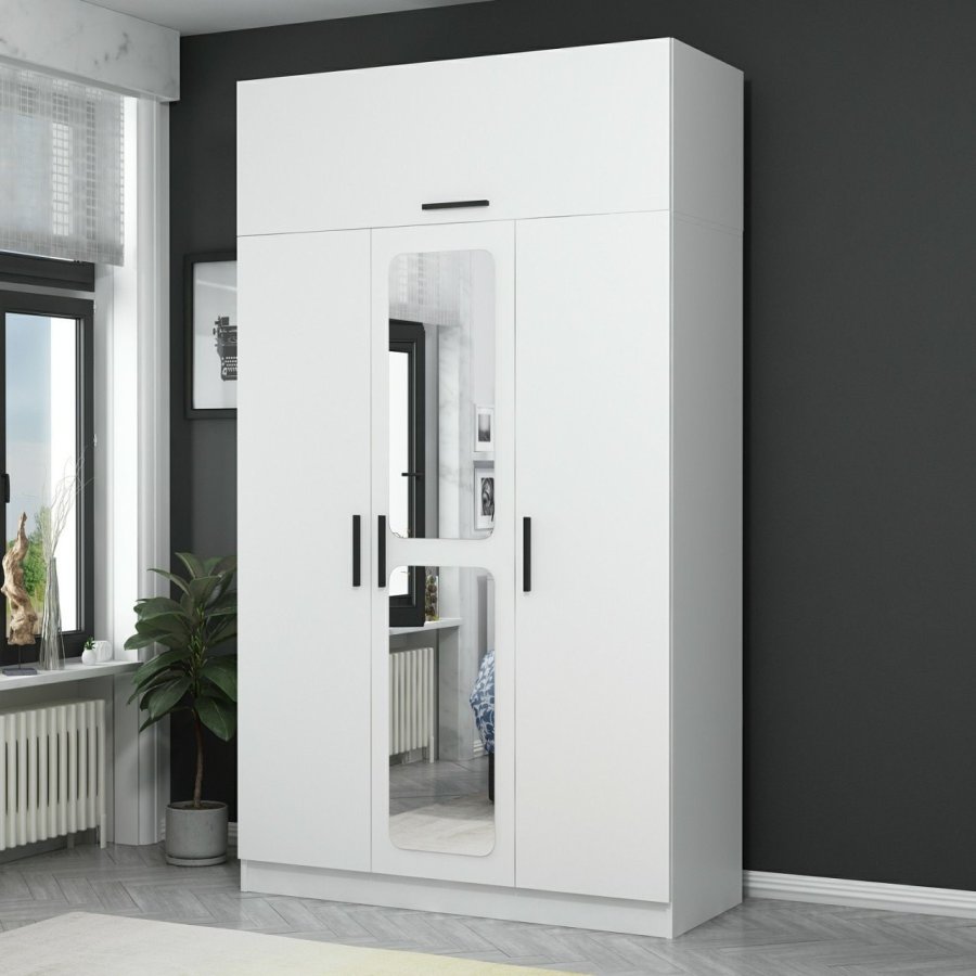 FUNZI LIVING Kapak 235 garderobeskab, m. spejl, 4 lger, 1 bjlestang, 2 skuffer, 5 hylder - hvid