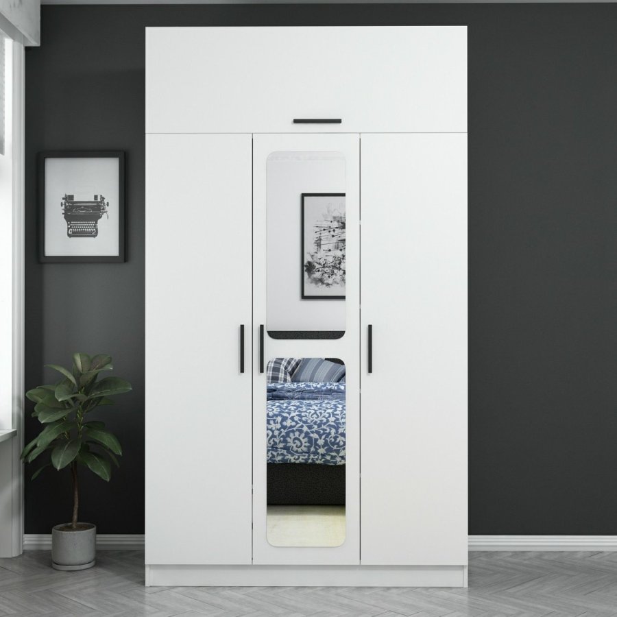 FUNZI LIVING Kapak 255 garderobeskab, m. spejl, 4 lger, 1 bjlestang, 2 skuffer, 5 hylder - hvid