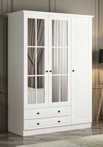 FUNZI LIVING Kapak 190 Mebran garderobeskab, spejl, 3 lger, 1 bjlestang, 2 skuffer, hylder - hvid