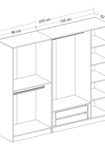 FUNZI LIVING 190 bent garderobeskab, m. 3 bjlestnger, 2 skuffer, 5 hylder - antracitgr melamin