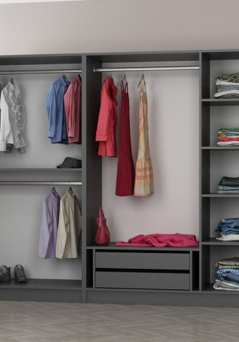 FUNZI LIVING 210 bent garderobeskab, m. 3 bjlestnger, 2 skuffer, 5 hylder - antracitgr melamin