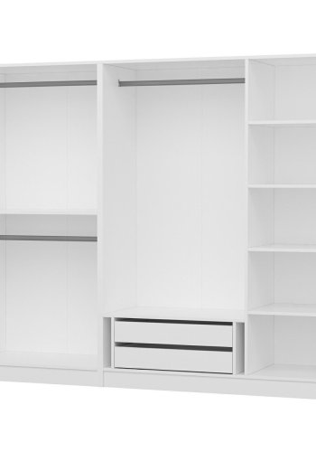 FUNZI LIVING 210 bent garderobeskab, m. 3 bjlestnger, 2 skuffer, 5 hylder - hvid melamin