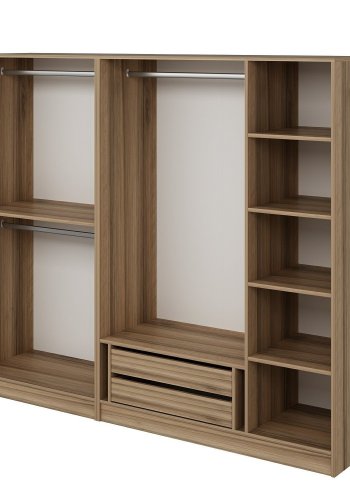 FUNZI LIVING 210 bent garderobeskab, m. 3 bjlestnger, 2 skuffer, 5 hylder - natur melamin