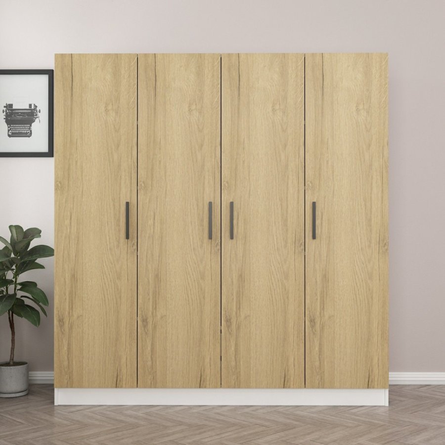 FUNZI LIVING 2701 garderobeskab, 4 lger, 1 bjlestang, 2 skuffer - hvid/valnddefarvet melamin