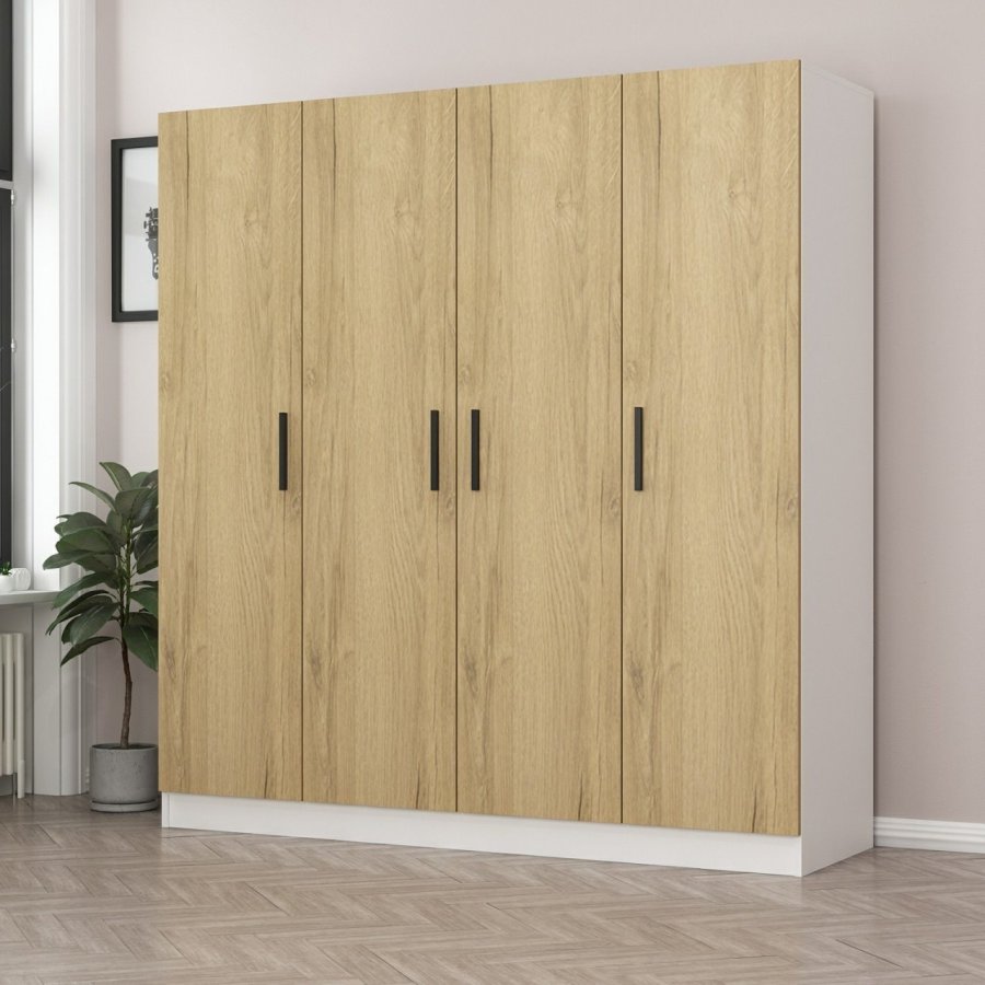 FUNZI LIVING 2701 garderobeskab, 4 lger, 1 bjlestang, 2 skuffer - hvid/valnddefarvet melamin