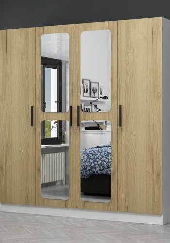 FUNZI LIVING 2711 garderobeskab, spejl, 4 lger, 1 bjlestang, 2 skuffer - hvid/natur melamin